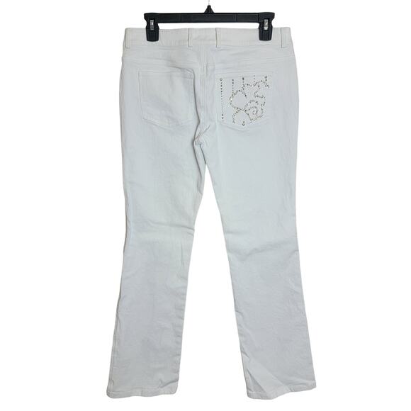 St. John White Rose Rhinestone Pocket Bootcut Jeans Size 6 - Picture 2 of 3